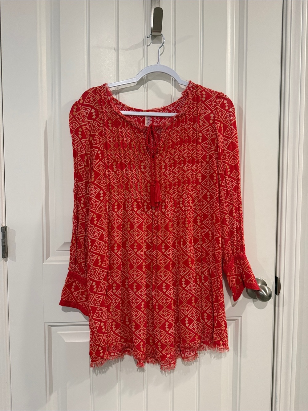 Free People Red Printed Peasant Blouse with Tassel Tie